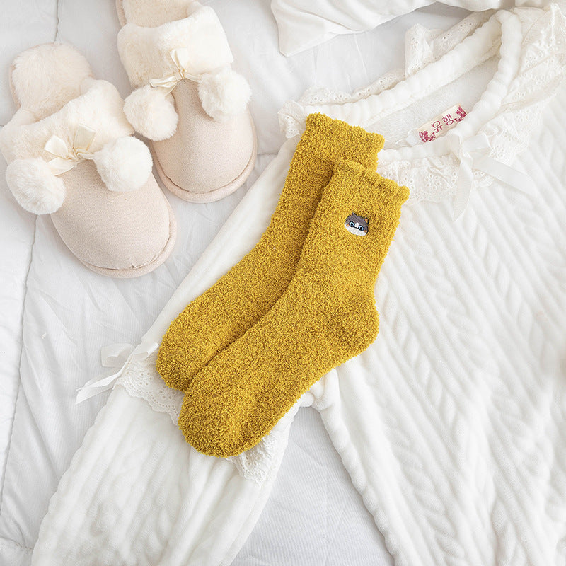 Half Velvet Socks Embroidered Squirrel Middle Tube Thick Warm Towel Socks