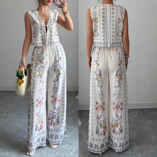 Fashionable Sexy Loose-fit Lace-up Vest Top With Wide-leg Trousers