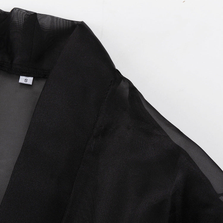 Black Sheer Puff Sleeve V-neck Tie-front Top