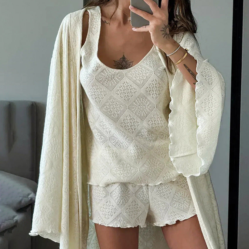 Womens Knitted Jacquard Hollow-Out Nightgown Camisole And Shorts Three-Piece Set