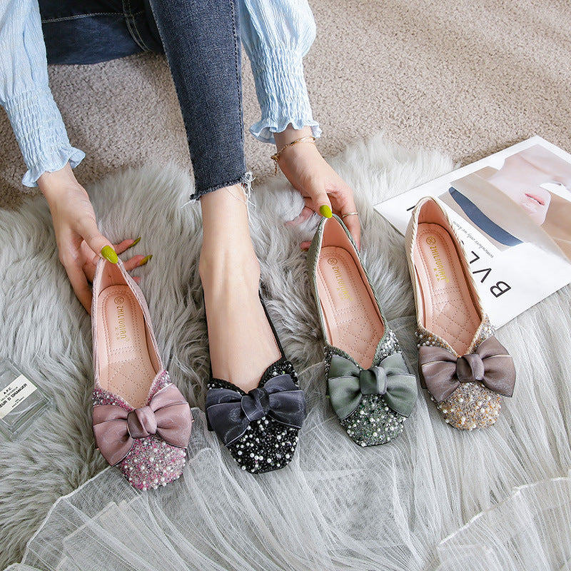 Women's Square Toe Flat Bow Shallow Mouth Shoes