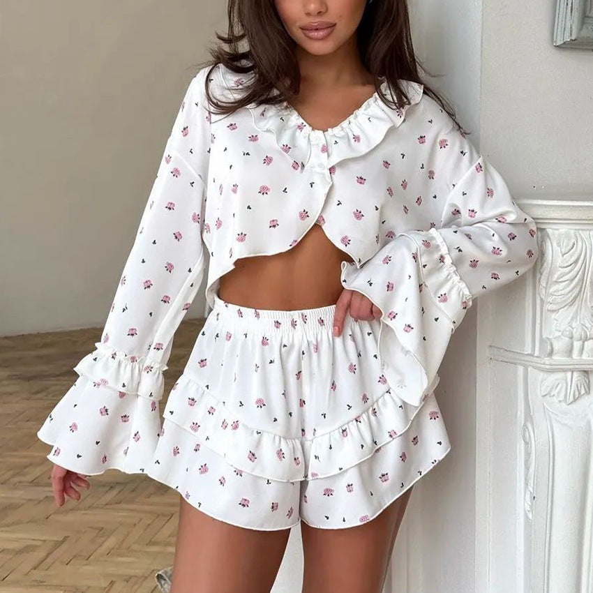 Floral-print Ruffled Trim Comfortable Long-sleeve Top And Shorts Set