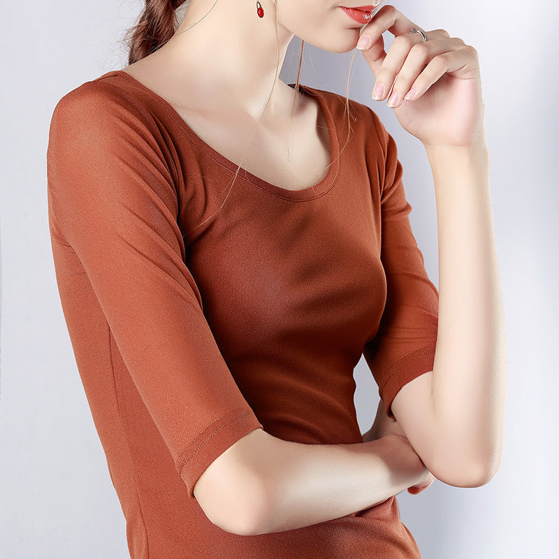 Elegant Langærmet Mesh T-shirt til Kvinder Ensfarvet Taljestretch Top