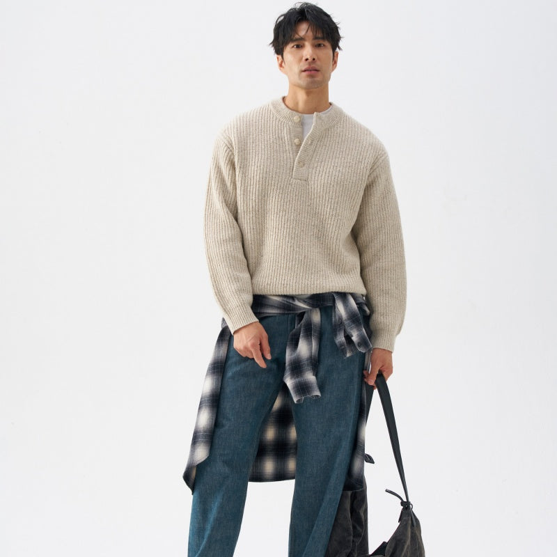 Mens Thick Simple Henley-Neck Sweater For Fall And Winter