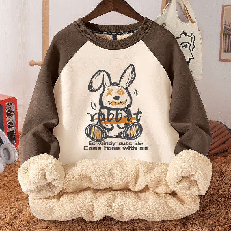 Women's Autumn And Winter Fleece-lined Thickened Hooded Berber Fleece Coat Contrast Color Raglan