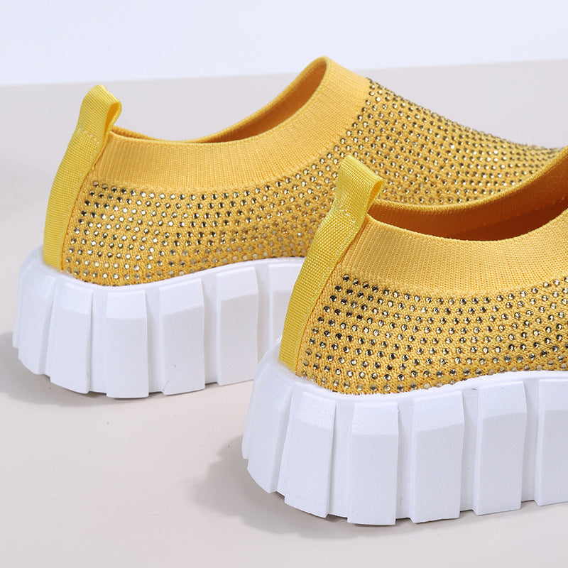 Large Size Thick Bottom Rhinestone Solid Color Mesh Casual Shoes