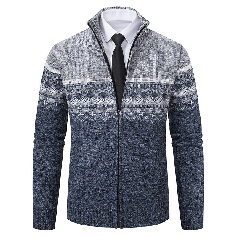 Men's Casual Stand-collar Sweater Coat With Fleece Lining And Color-blocking Design