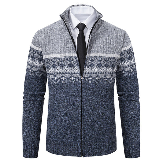Men's Casual Stand-collar Sweater Coat With Fleece Lining And Color-blocking Design