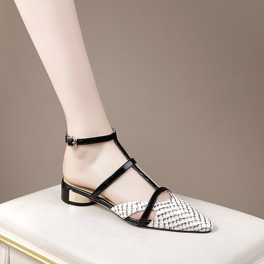 Patent Leather Low Heel Sandals Summer Chunky Toe Buckle Strap