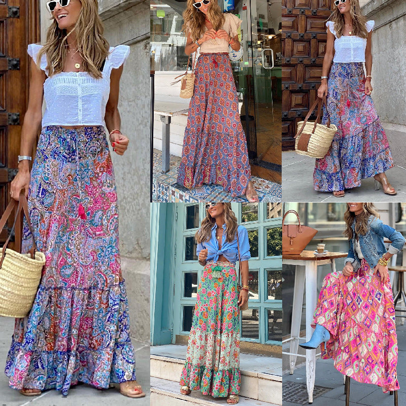 Women's Printed Long Skirt With Ruffle Edge Skirt