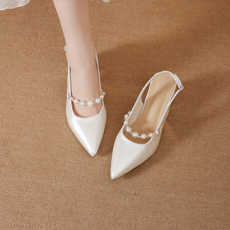 Spring New Arrival Women's Pearl Pointed Toe Slingback Sandals, French Mary Jane Block Heels, One-Strap High Heel Sandals
