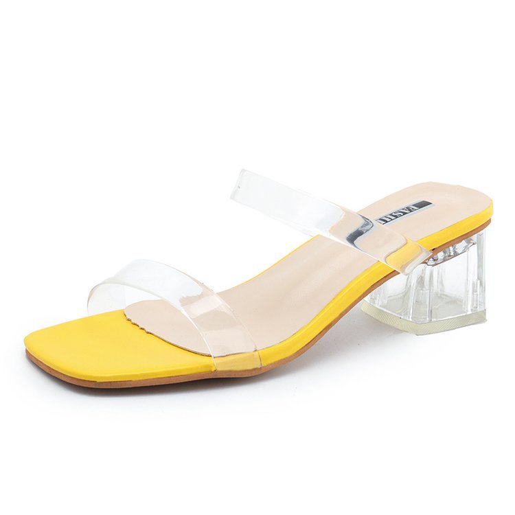 One-word Transparent Sandals And Slippers Women's Crystal With Thick Heel