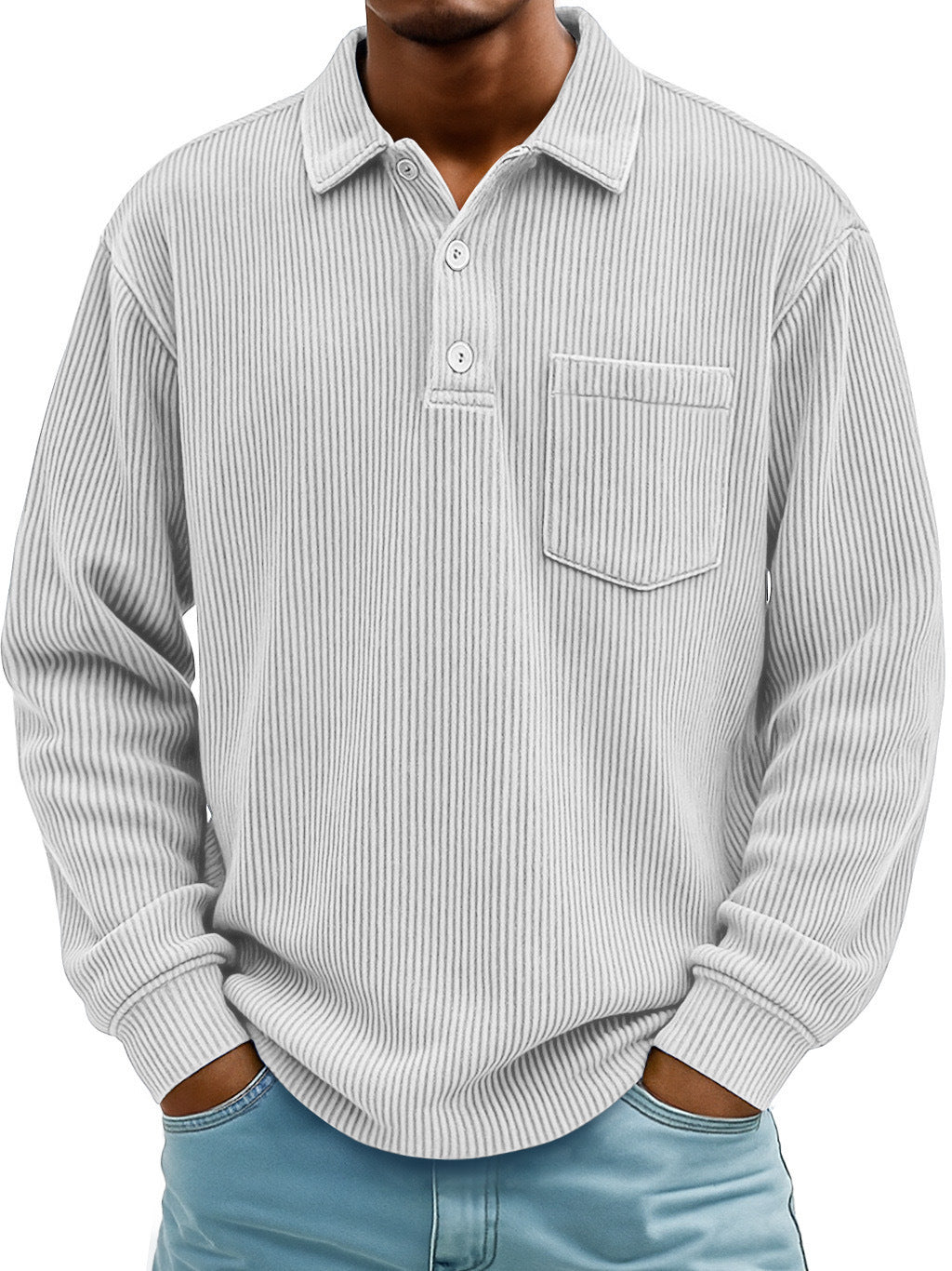 Mens Long-sleeve Polo Shirt Casual Corduroy-striped Top