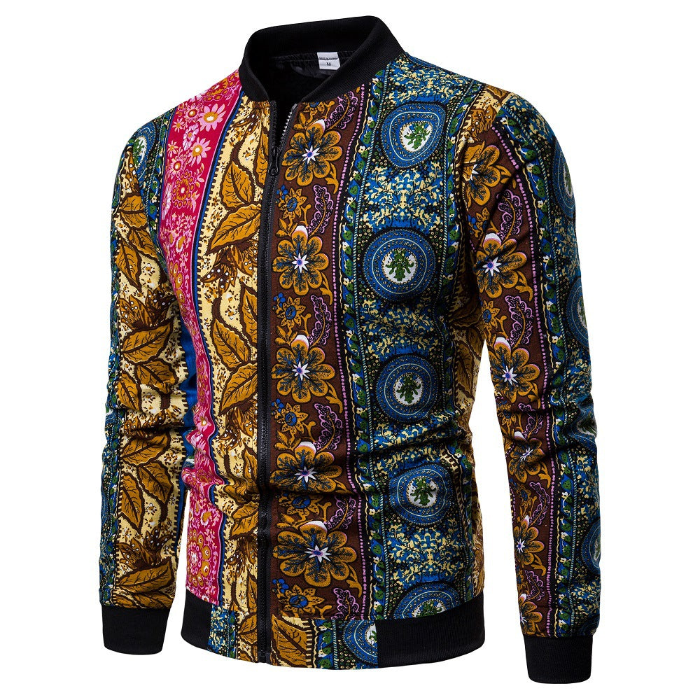 Spring And Autumn New Men's Ethnic Floral Jacket Fashion Slim-fit Baseball Uniform Coat