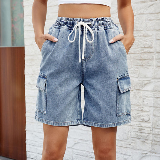 Washed Tied Elastic Waist Five-point Denim Shorts