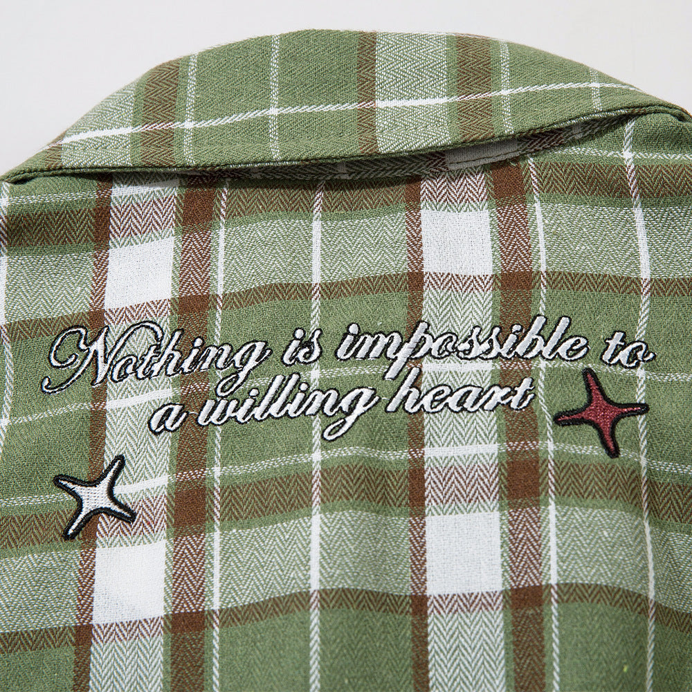 Spring And Autumn Loose Long Sleeve Plaid Shirt Men's And Women's Embroidered Letters