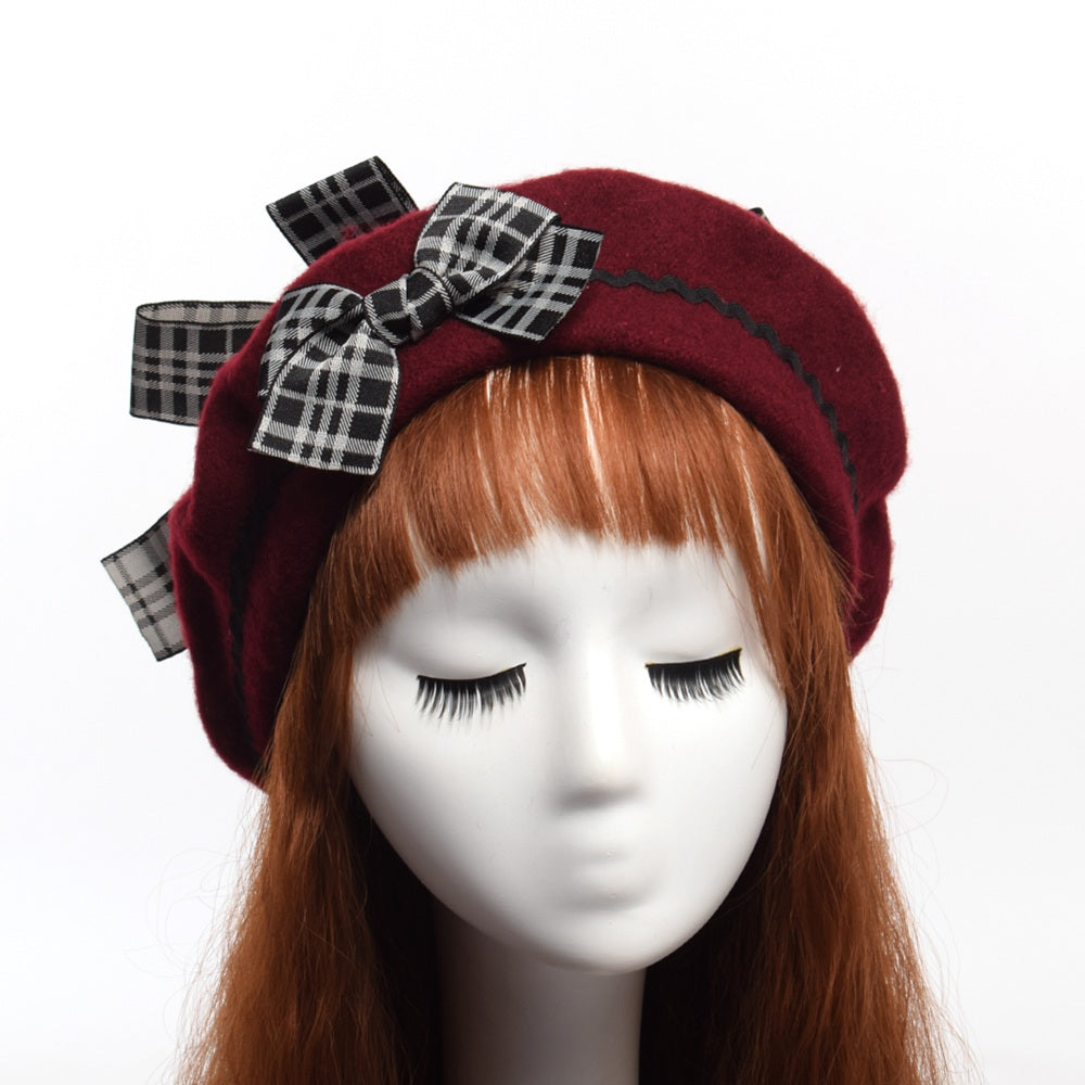 Fashion Japanese JK Lolita Wavy Bow Furball Beret