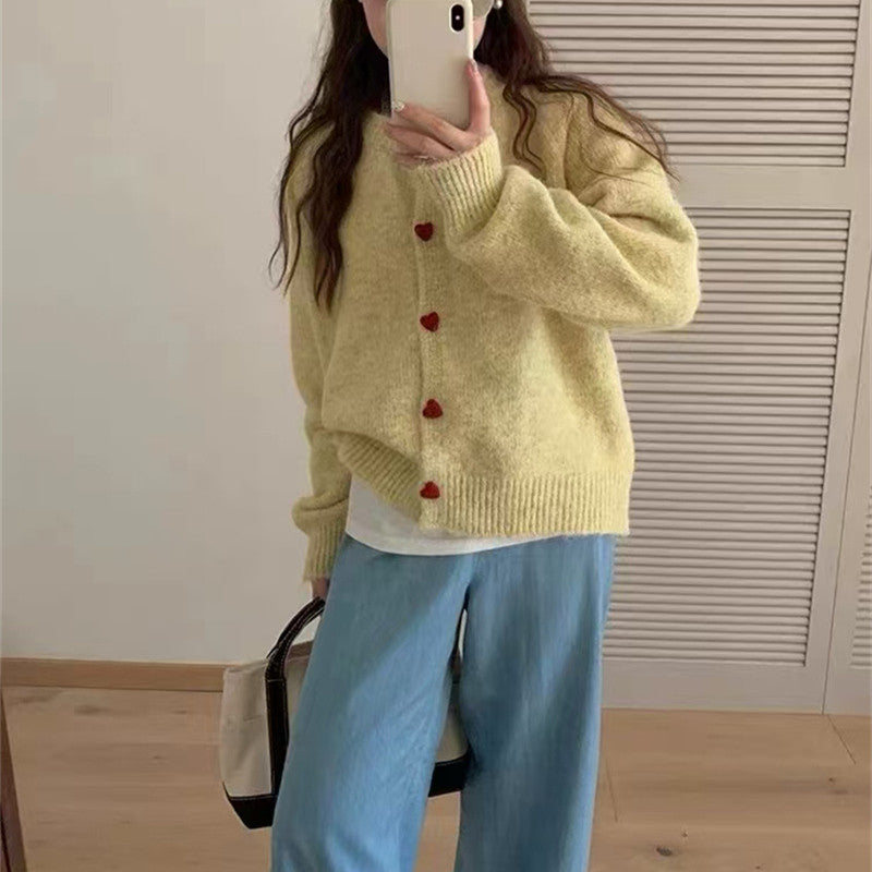 Rundhalset Matchende Design Kærlighed Pige Spænde Strikket Cardigan Sweater Frakke Til Kvinder