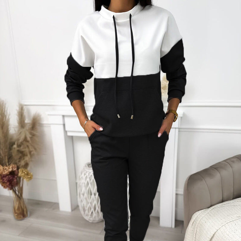Drawstring Semi-high Neck Color Block Sporty Sweatshirt