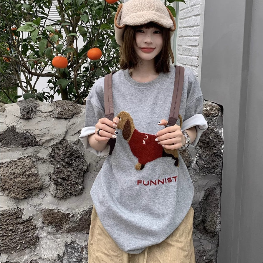 Simple Puppy Pattern Short-sleeved T-shirt Casual Loose Top