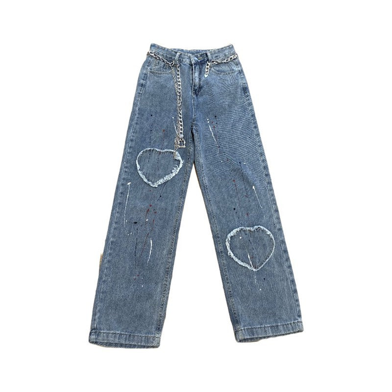 Design Børstet Hjerte Patch Straight Jeans