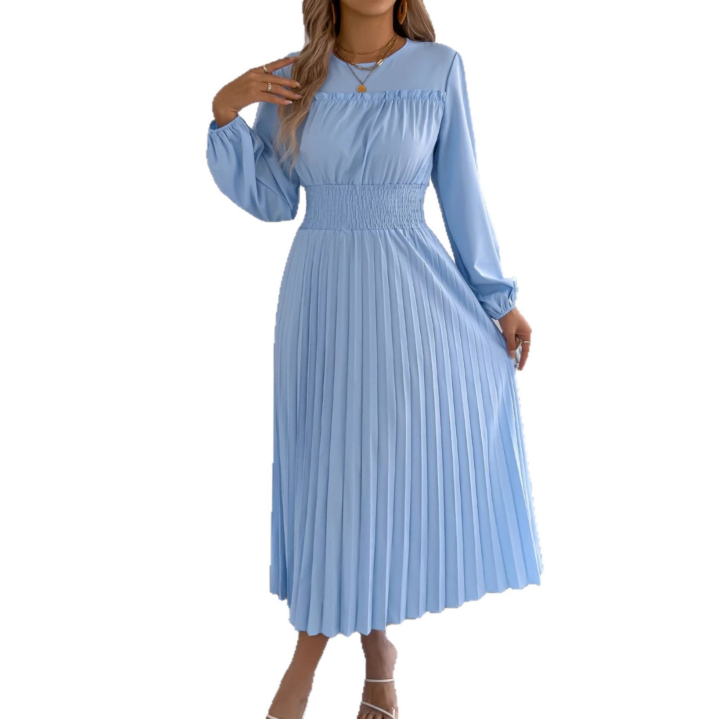 Elegant Ruffled Long-sleeve Cinched-waist Pleated Maxi Dress