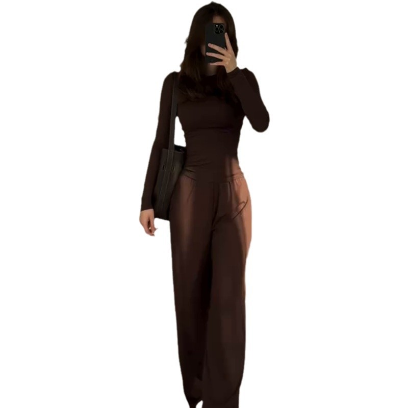 Women's Round Neck Solid Color Wide Leg Pants Stylish Office Suit