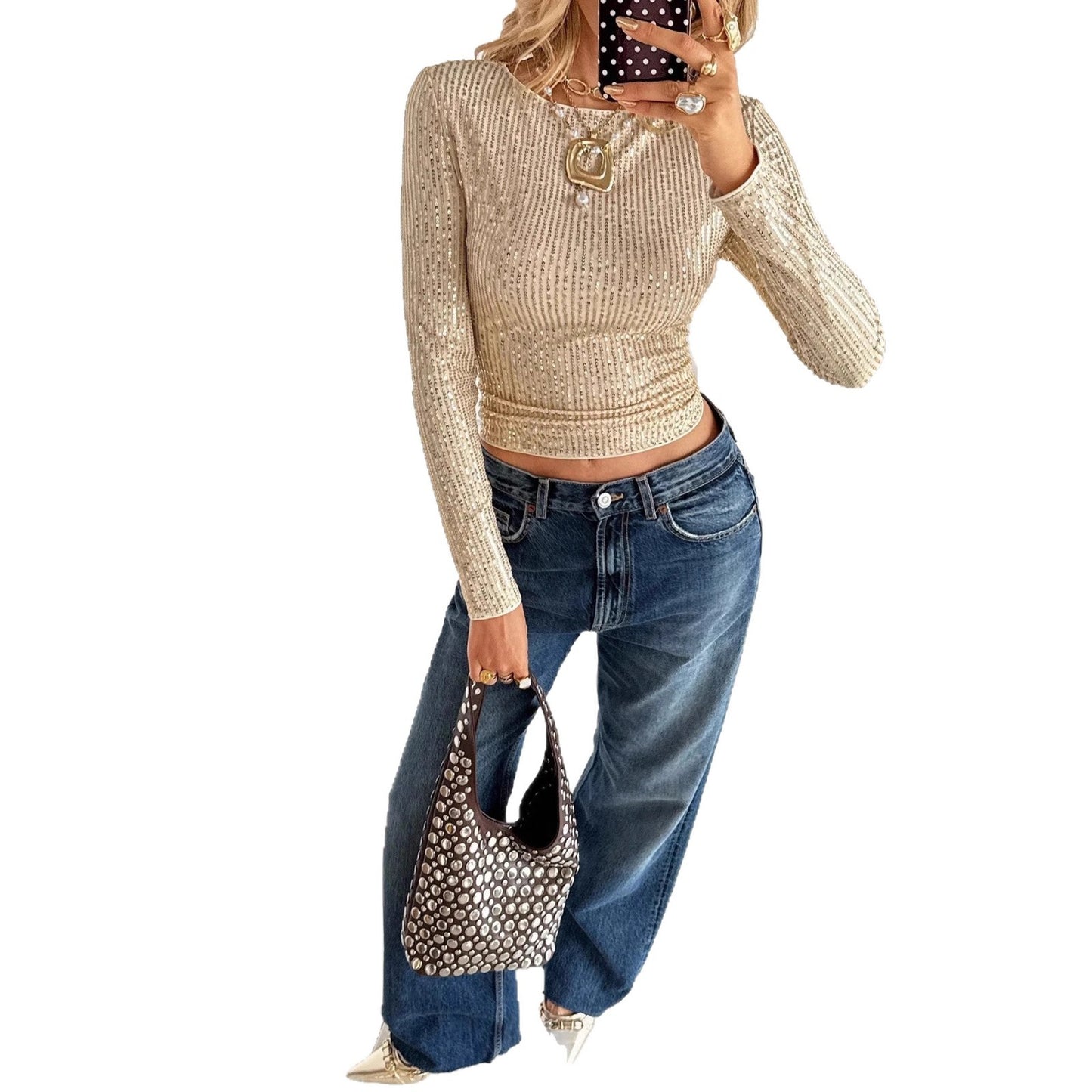 New Shiny Sequin Long-sleeve T-shirt Top