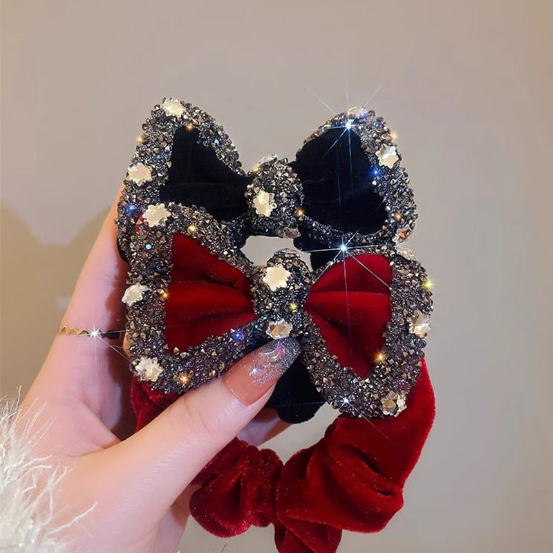 Red Velvet Rhinestone Scrunchie With A Rope Style Bowwomens Hair Accessory