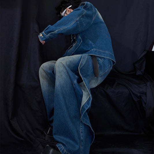 Niche Double-layer Design Short Denim Coat Blouse And Pants