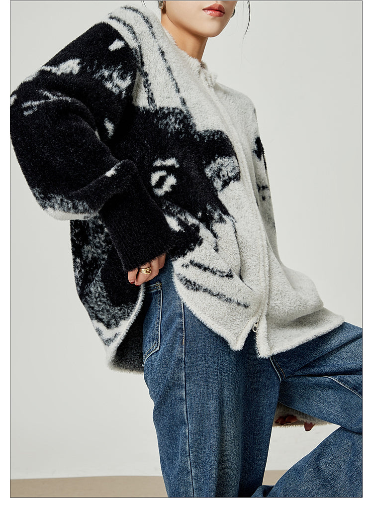 Grey Color Blocked Cardigan Sweater Round Neck Knit