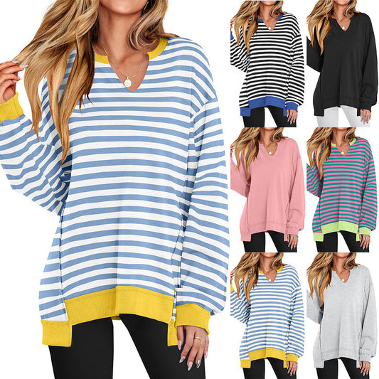 Farverig Stribet V-hals Løs Sweatshirt