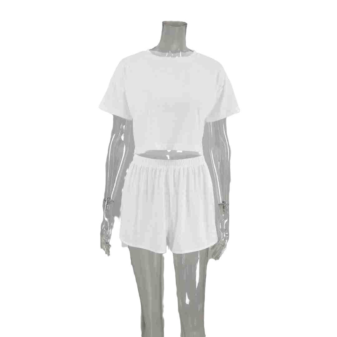 White Short-Sleeve Slit Wide-Leg Shorts Pajama Two-Piece Set