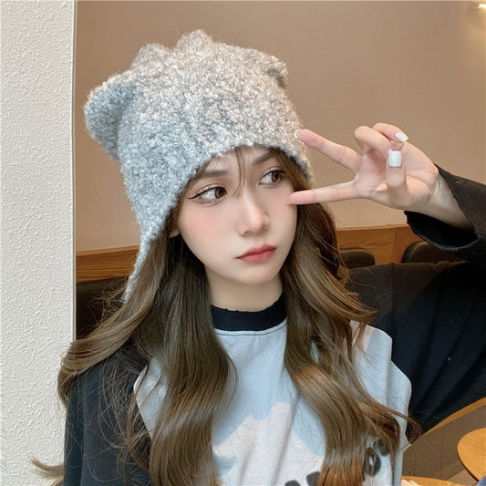Warm Ear Protection Wool Blended Bear Ear Knitted Hat