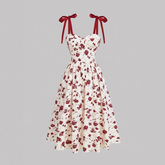 Elegant Lace-Up Shoulder With Floral Print Waist-Cinching Design Vacation-Ready Chic Casual Slip Dress