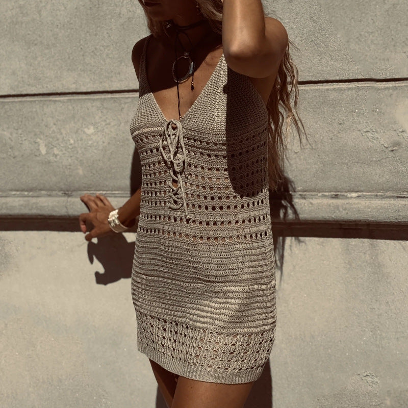 Womens Knitted Sweater Sexy Hollow-Out Dress