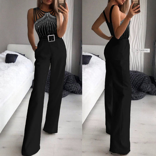 Europæisk og amerikansk-inspireret rhinstensbelagt sexet stropløs ærmeløs jumpsuit med taljefremhævelse