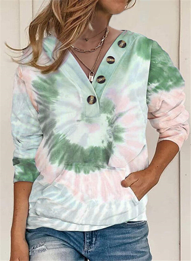 Løs tie-dye printet langærmet trøje med knapper til kvinder