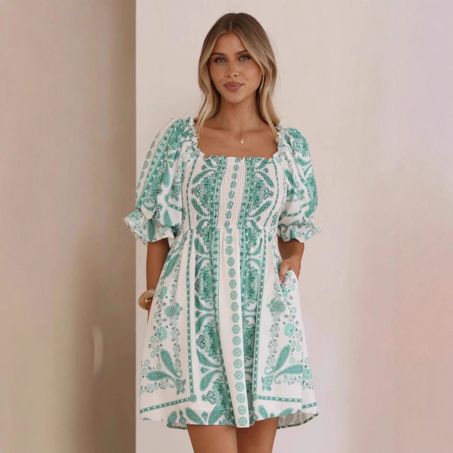 Elegant, Versatile Linen Dress With A Floral Print And Lace Trim