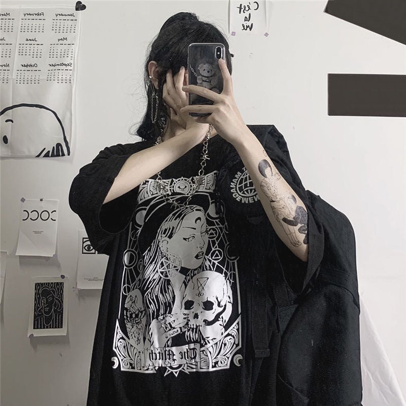 Fashion Brand Dark Printing Loose Crew Neck Top