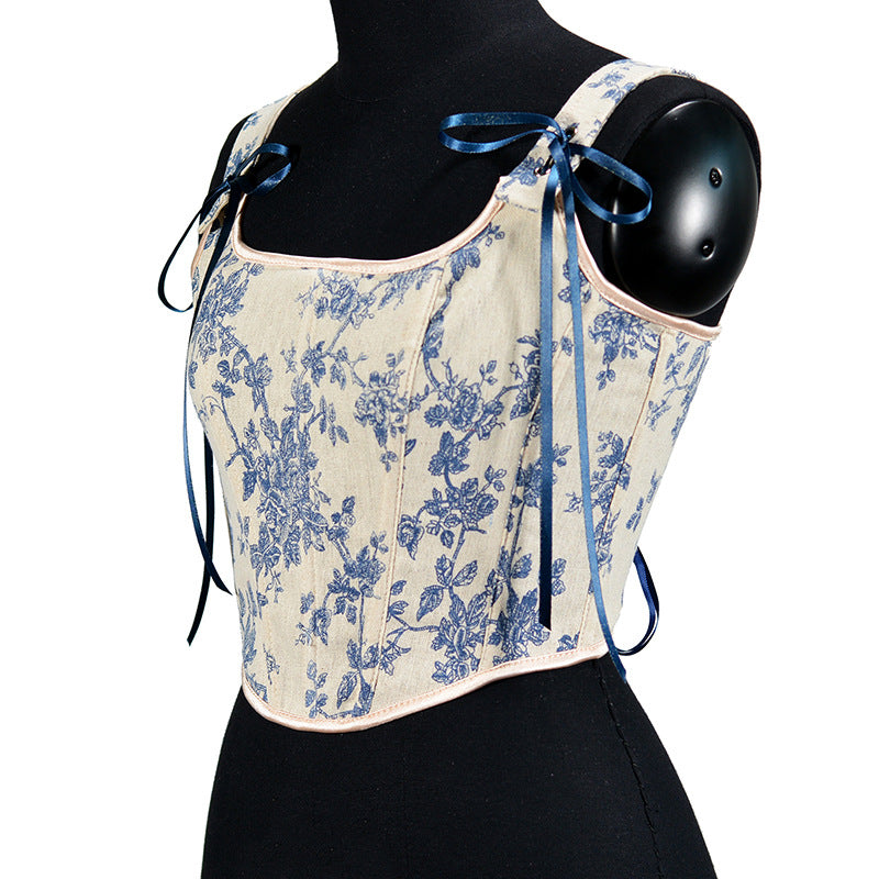 Fransk Orchid Print Stroptop Korset Crop Top