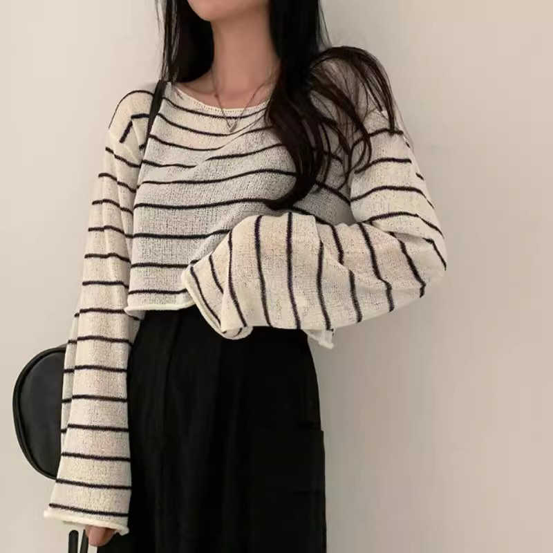 Off-neck Striped Ice Silk Sweater Loose Thin Type Sunscreen Blouse