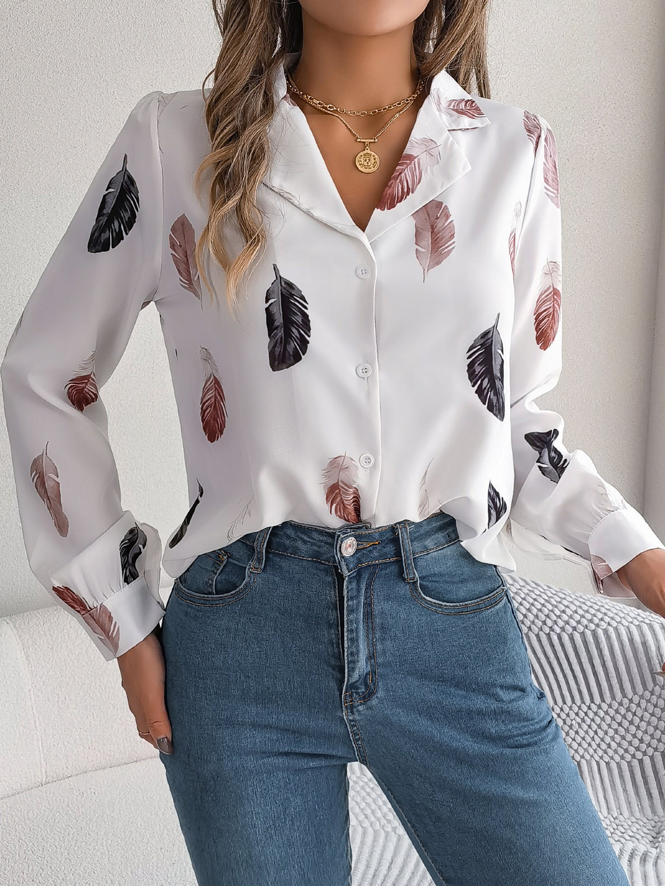 Women's Elegant Feather Print Notched Lapel Long Sleeve Shirt