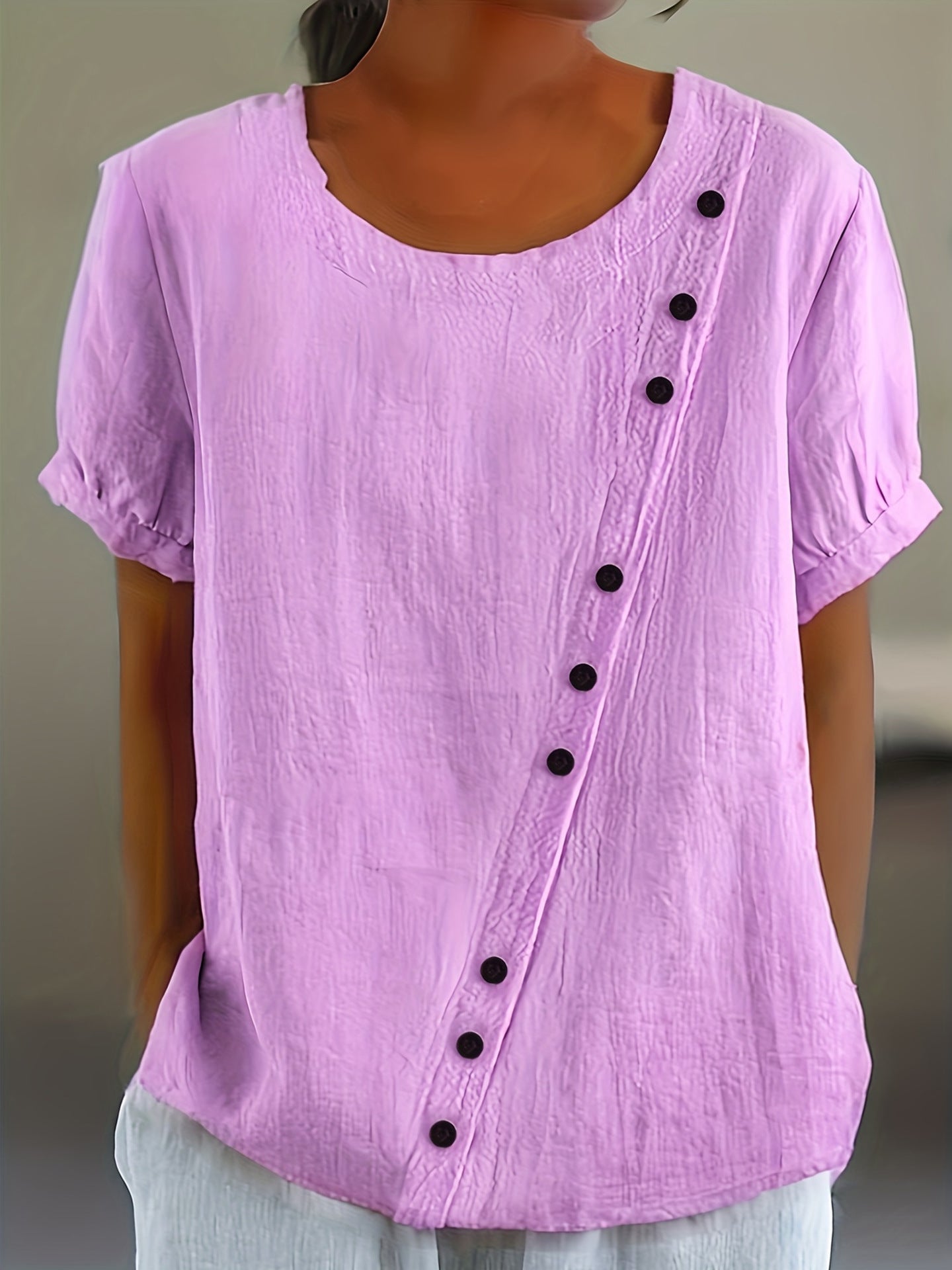 Womens Retro Cotton-Linen Short-Sleeve Shirt