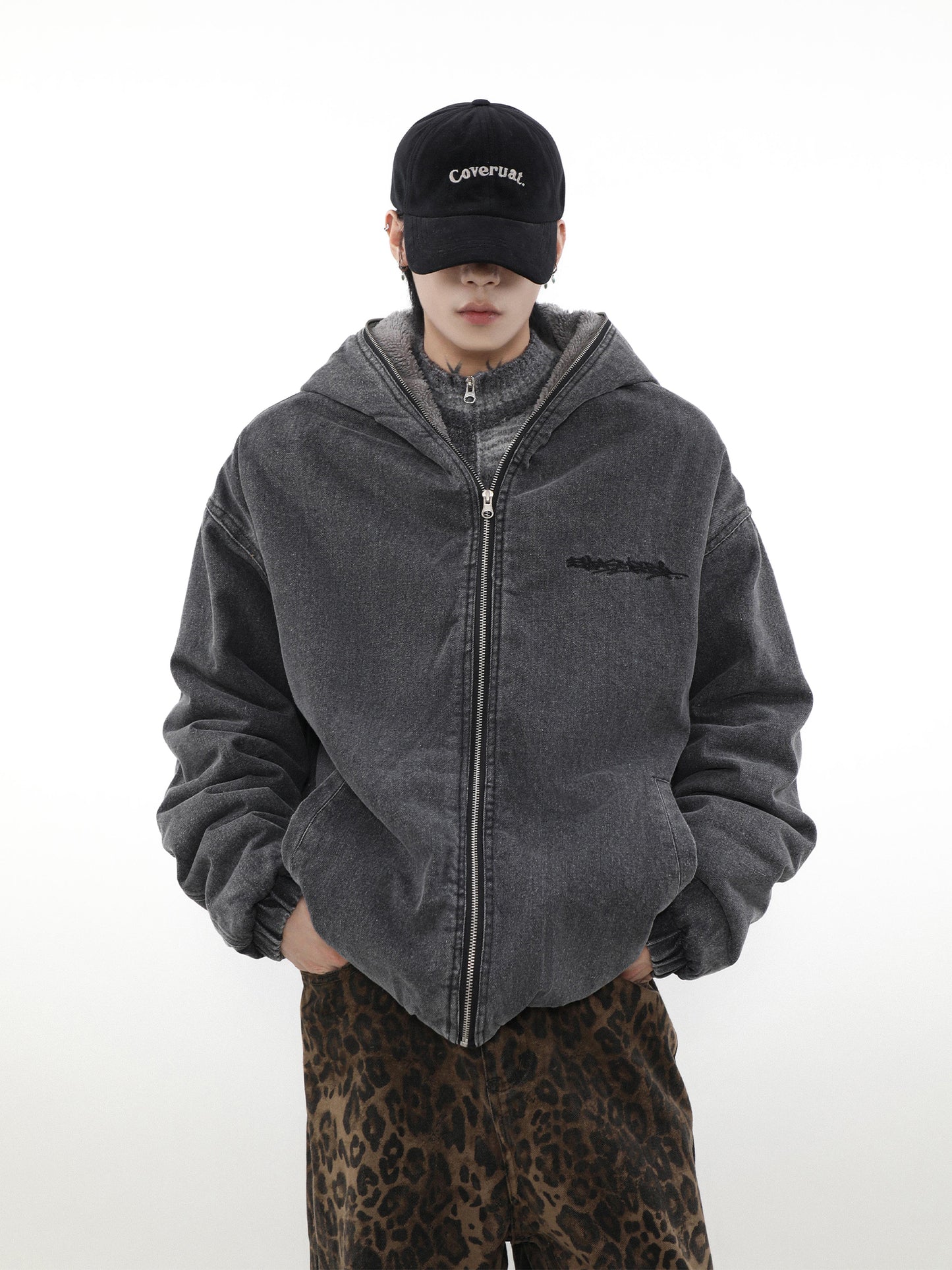Thick Lambskin Coat Men's Hooded Denim Cotton Jacket