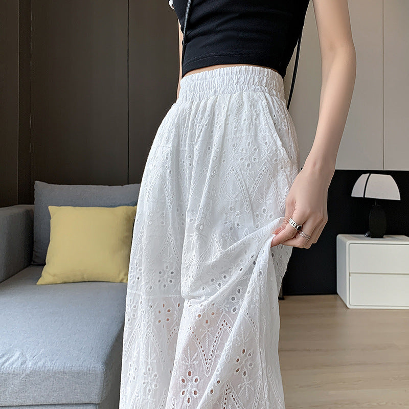 Wide-leg Women's Loose White Embroidered Hollow Casual Pants