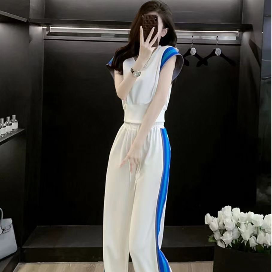 Women's Summer High-End Contrasting Color Short-Sleeve Top And High-Waist Wide-Leg Pants Two-Piece Set