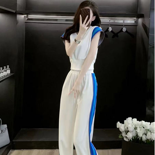Women's Summer High-End Contrasting Color Short-Sleeve Top And High-Waist Wide-Leg Pants Two-Piece Set