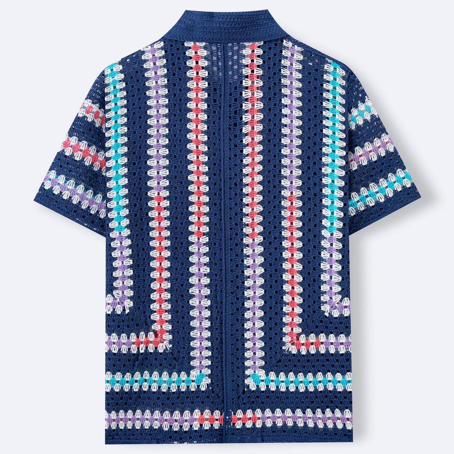 Mens Hollow-Out Cardigan Short-Sleeve Lapel Water-Soluble Knit Top