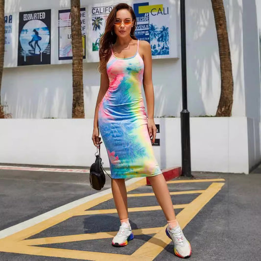 Afslappet Lang Tie-Dye Kjole Med Krydsrygdesign